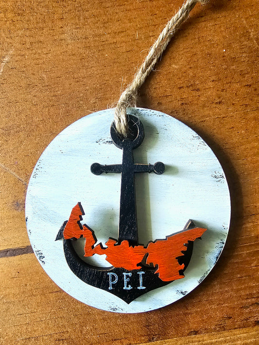 PEI Anchor and Map Cutout Wood Ornament